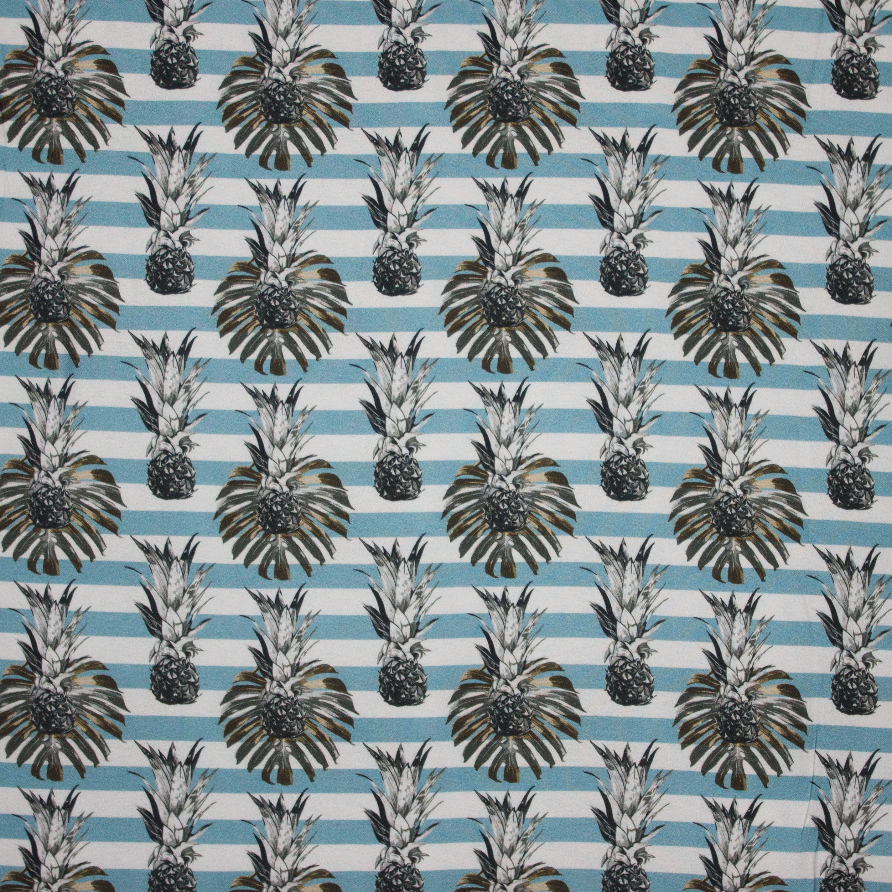 Wit / blauw gestreepte viscose met ananassen