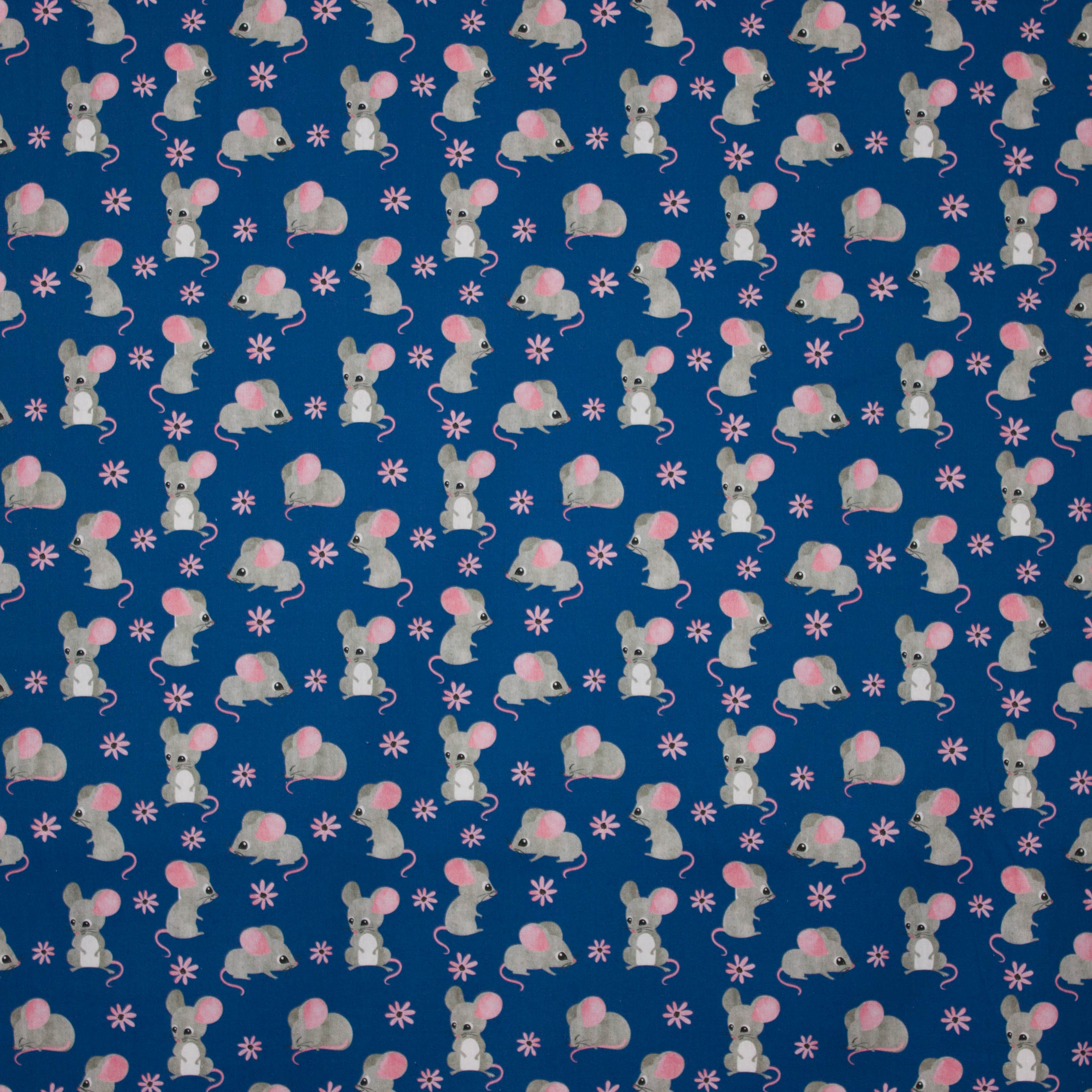 Donkerblauw katoentje met muisjes en bloemetjes
