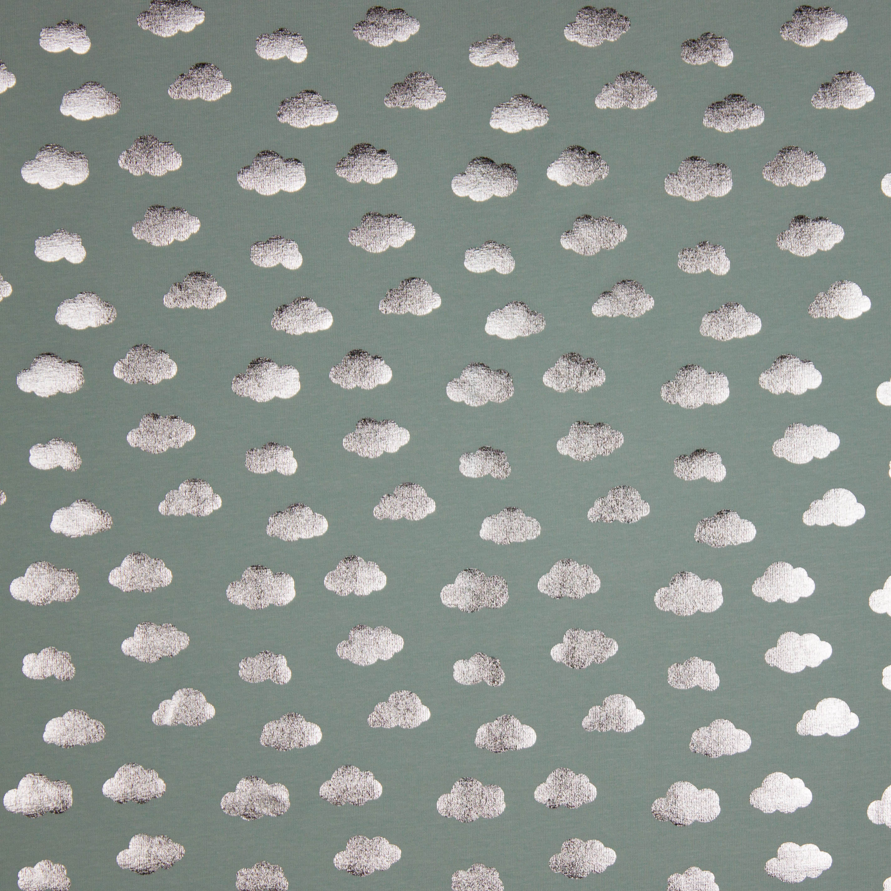 Muntkleurige tricot met wolkjes in zilveren foil
