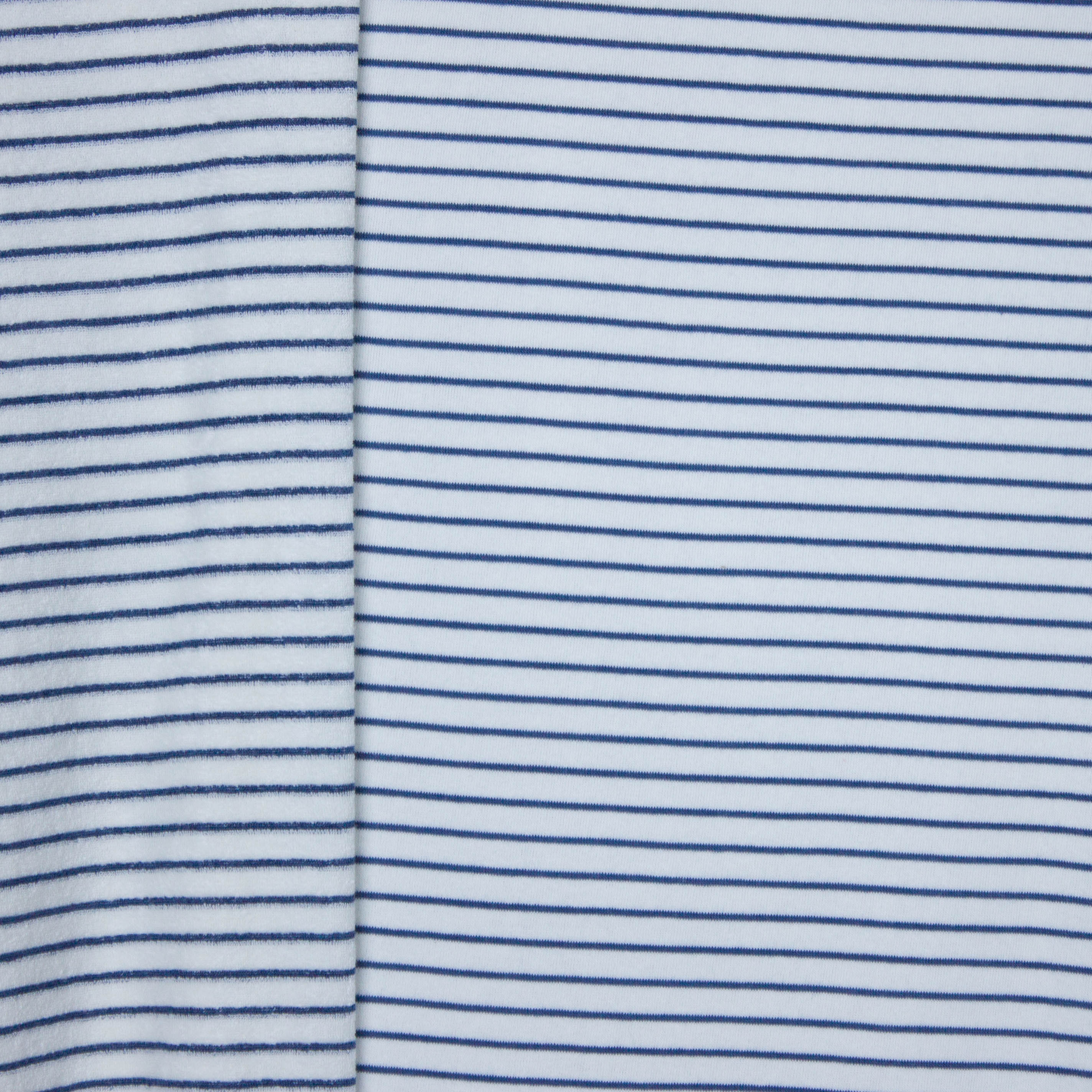 Ecru rekbare badstof double face met blauwe strepen