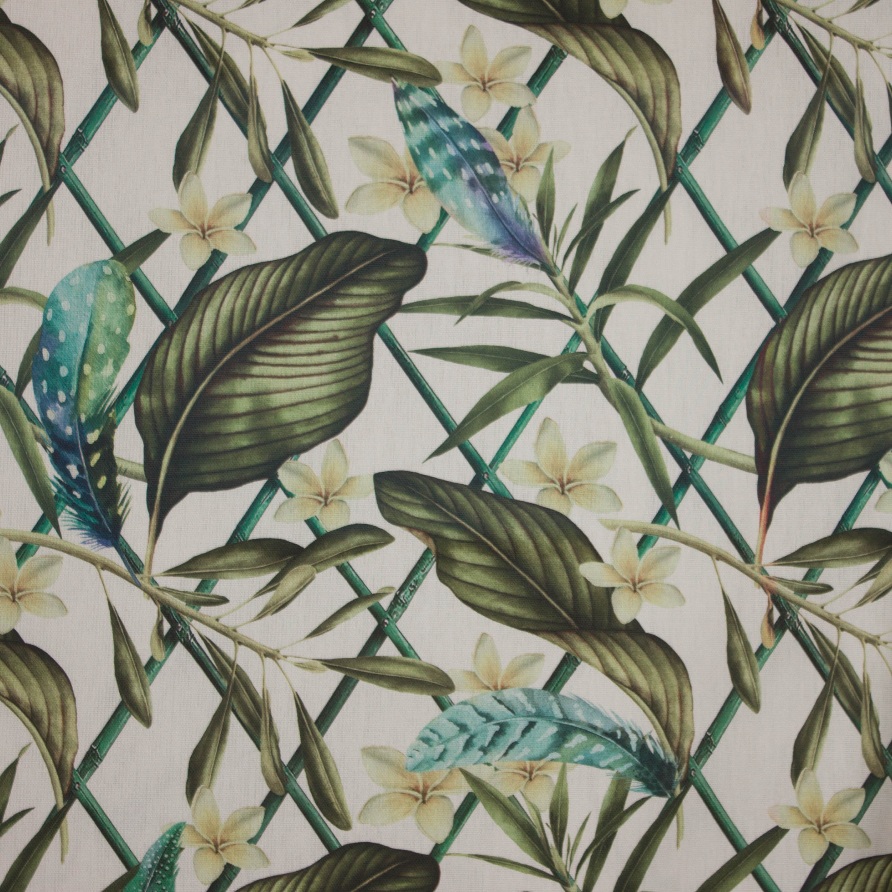 Ecru canvas met bladeren, bloemen en veren motief