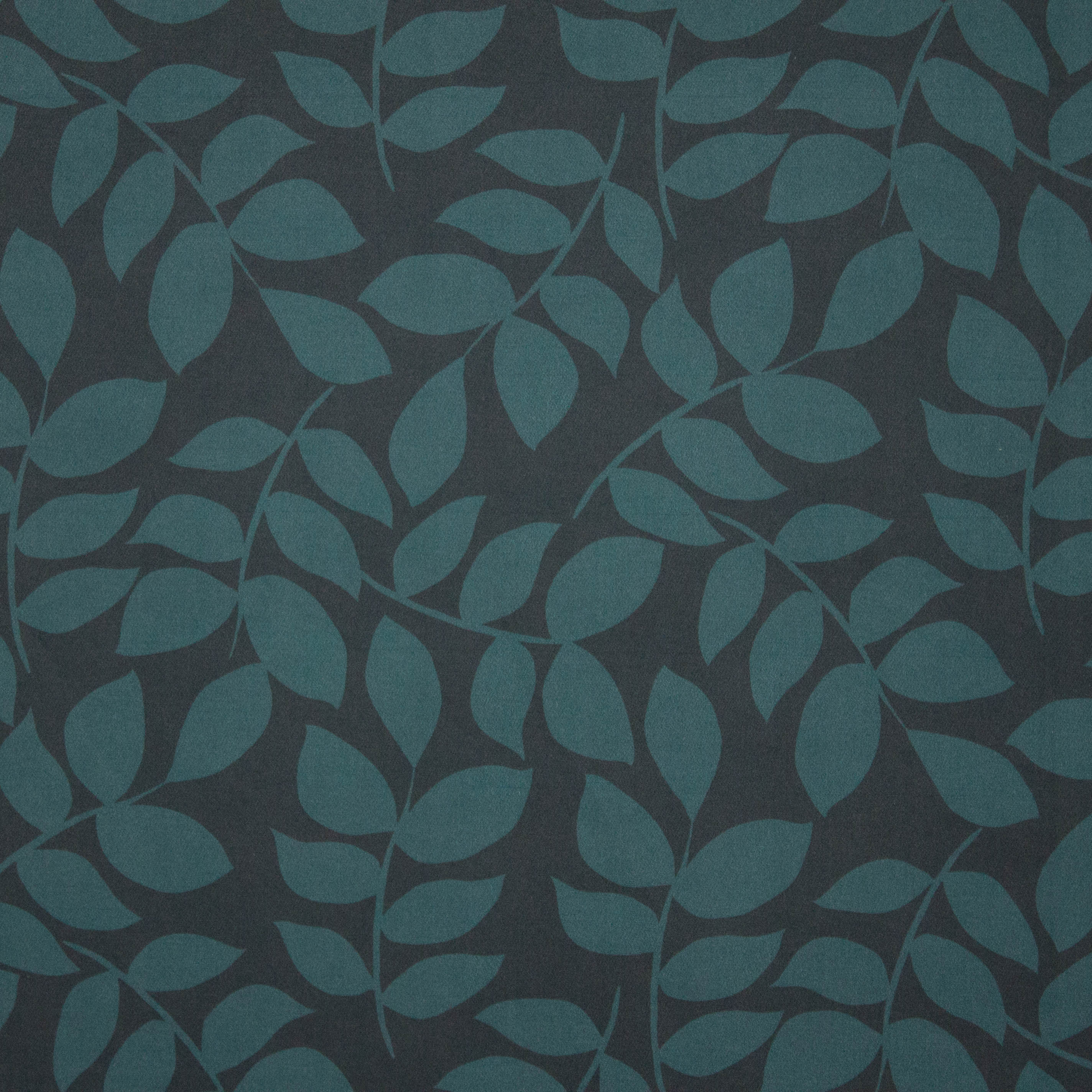 Zwarte polyester met petrolgroen bladmotief