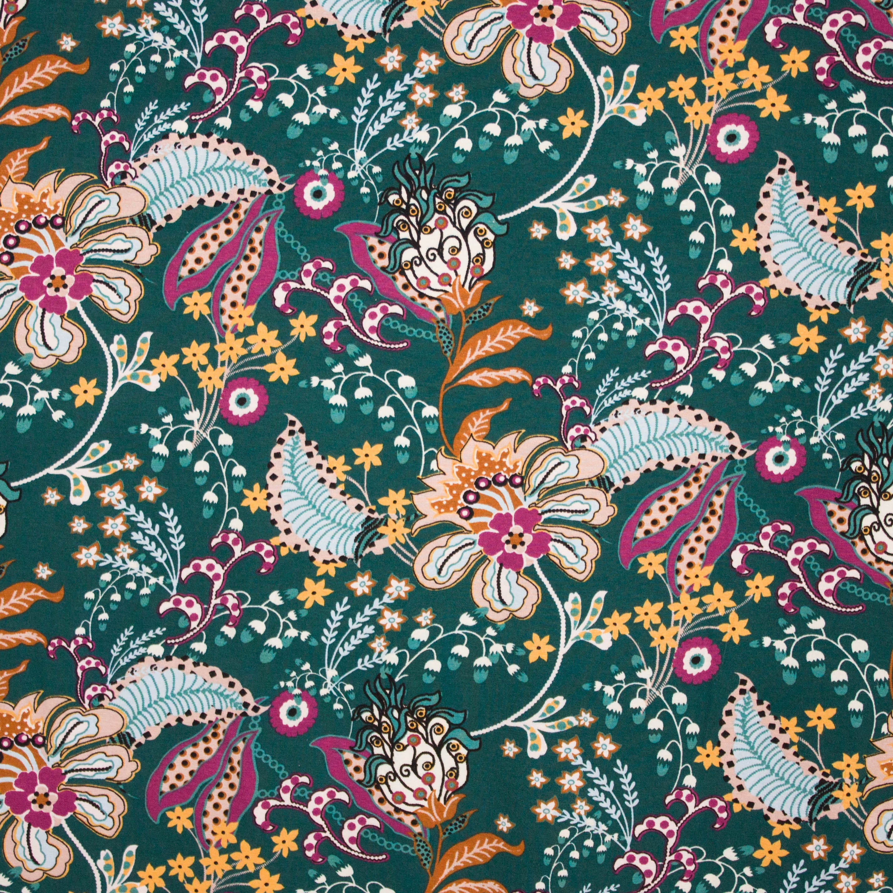 Groene viscose tricot met retro bloemen van 'Milliblu's'