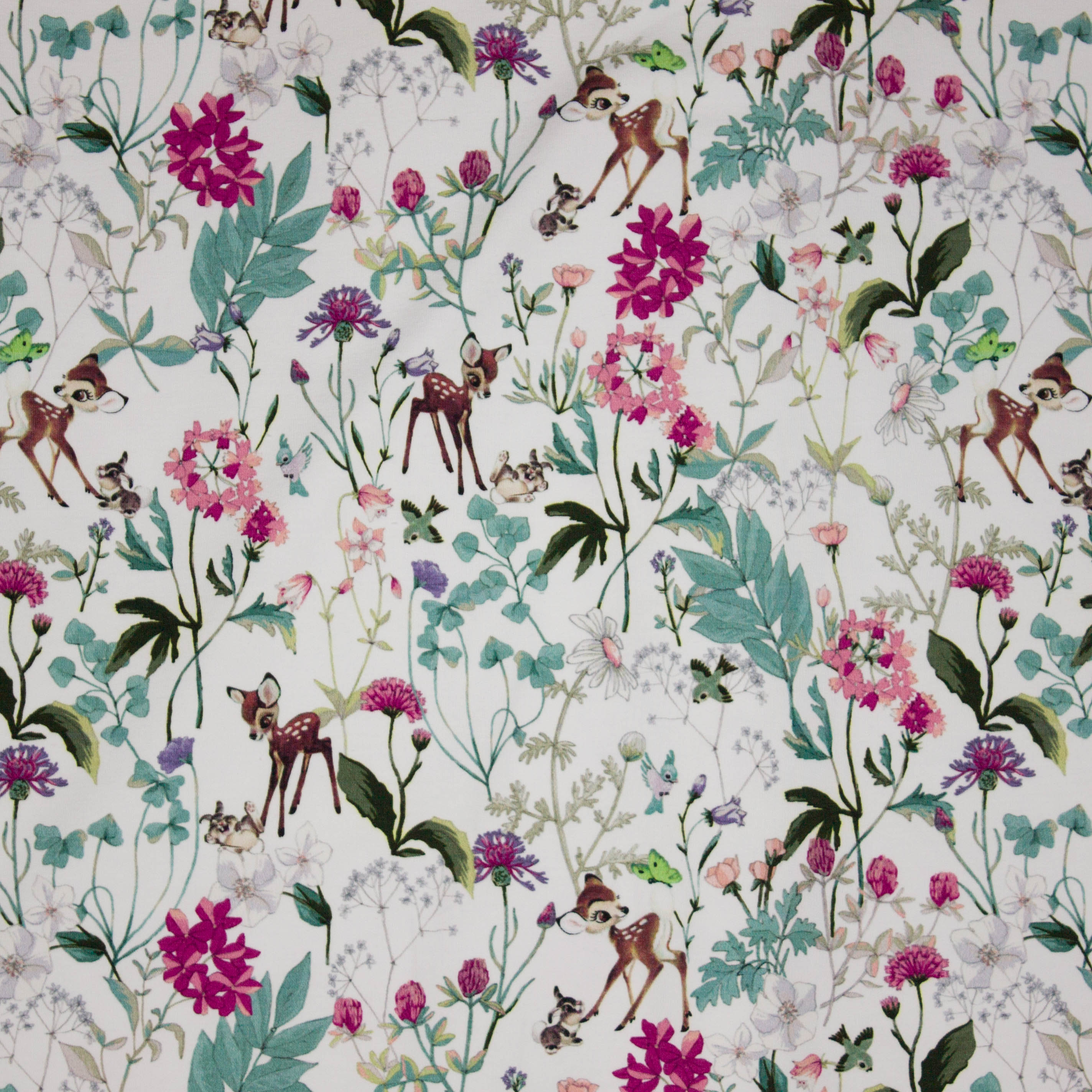 Witte french terry 'Disney Bambi' met hertjes, konijntjes, bloemen en blaadjes
