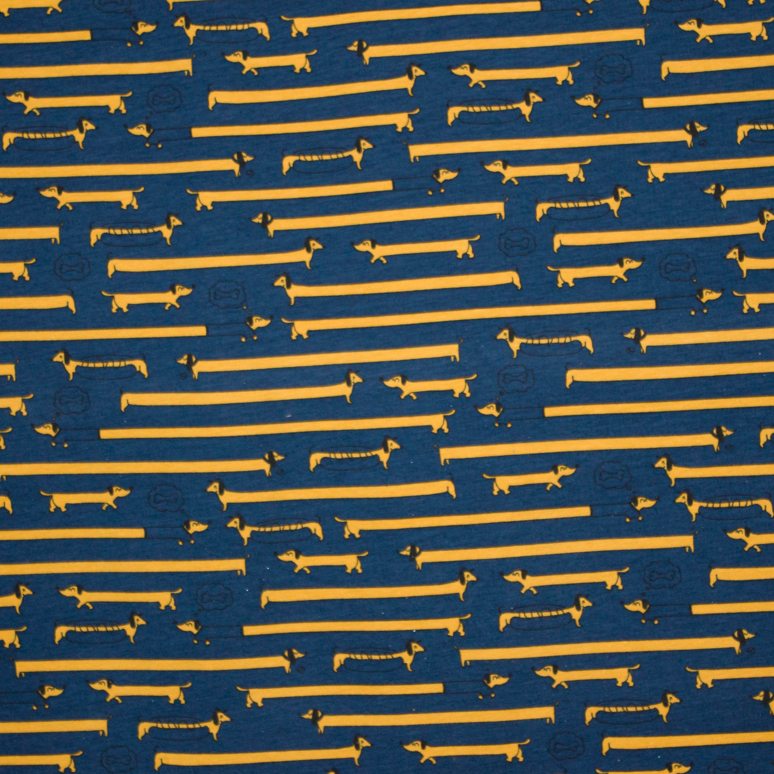 Donkerblauwe tricot met okerkleurige teckels