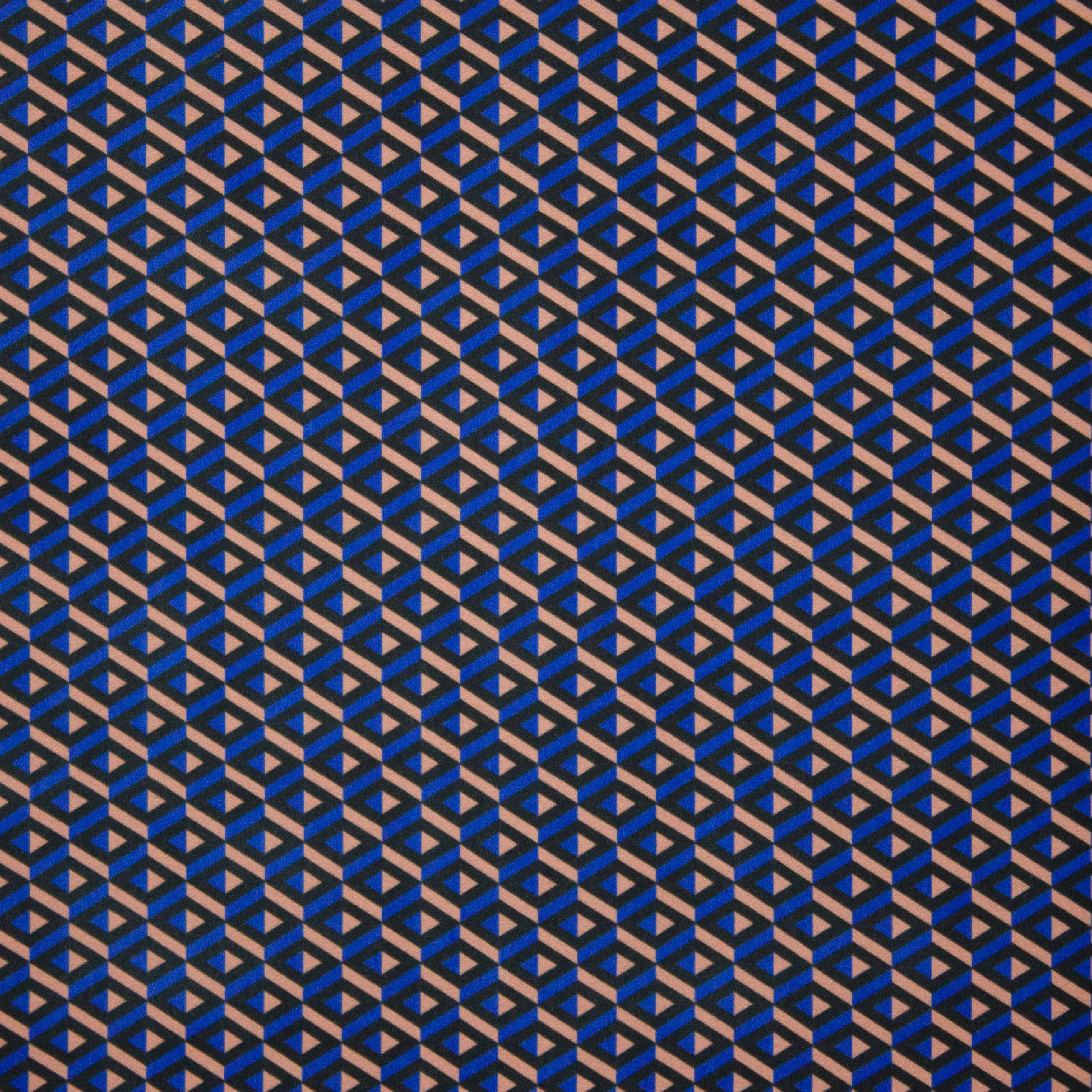 Polyester tricot met abstract motief in zwart, blauw en beige