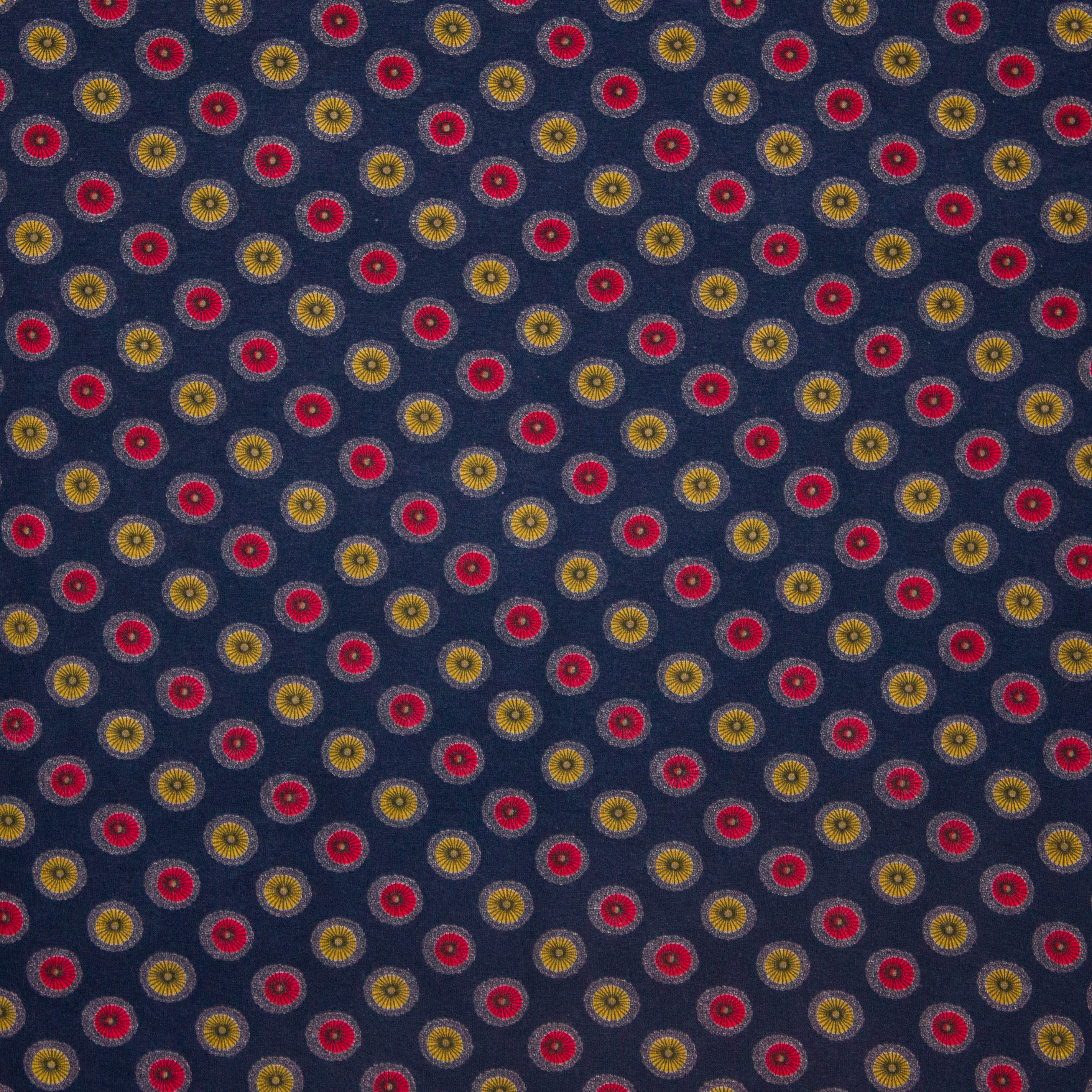 Donkerblauwe viscose tricot met bloemen in rood en oker van 'Stitched By You'