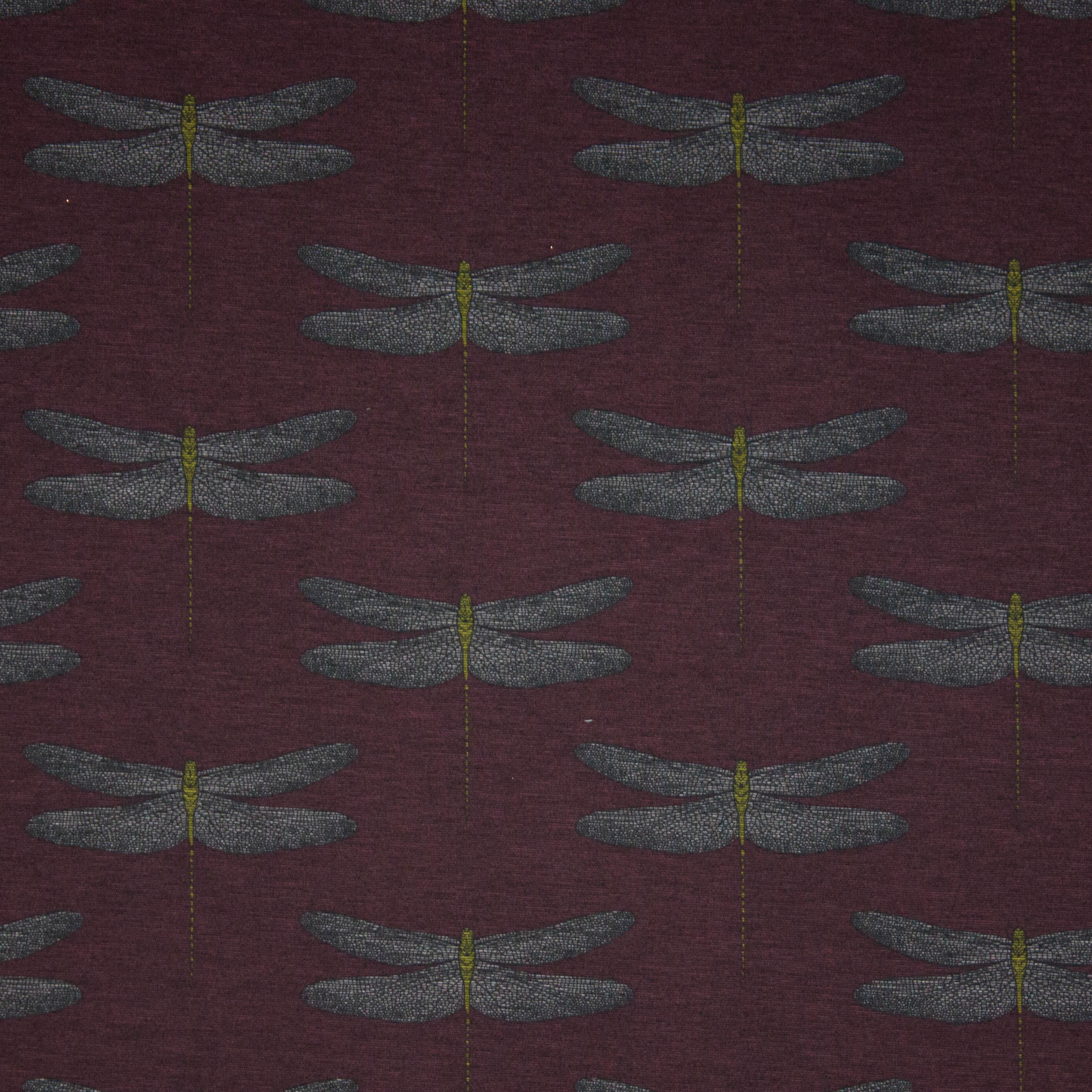 Paarse polyester / viscose tricot met libellen van 'Stitched By You'