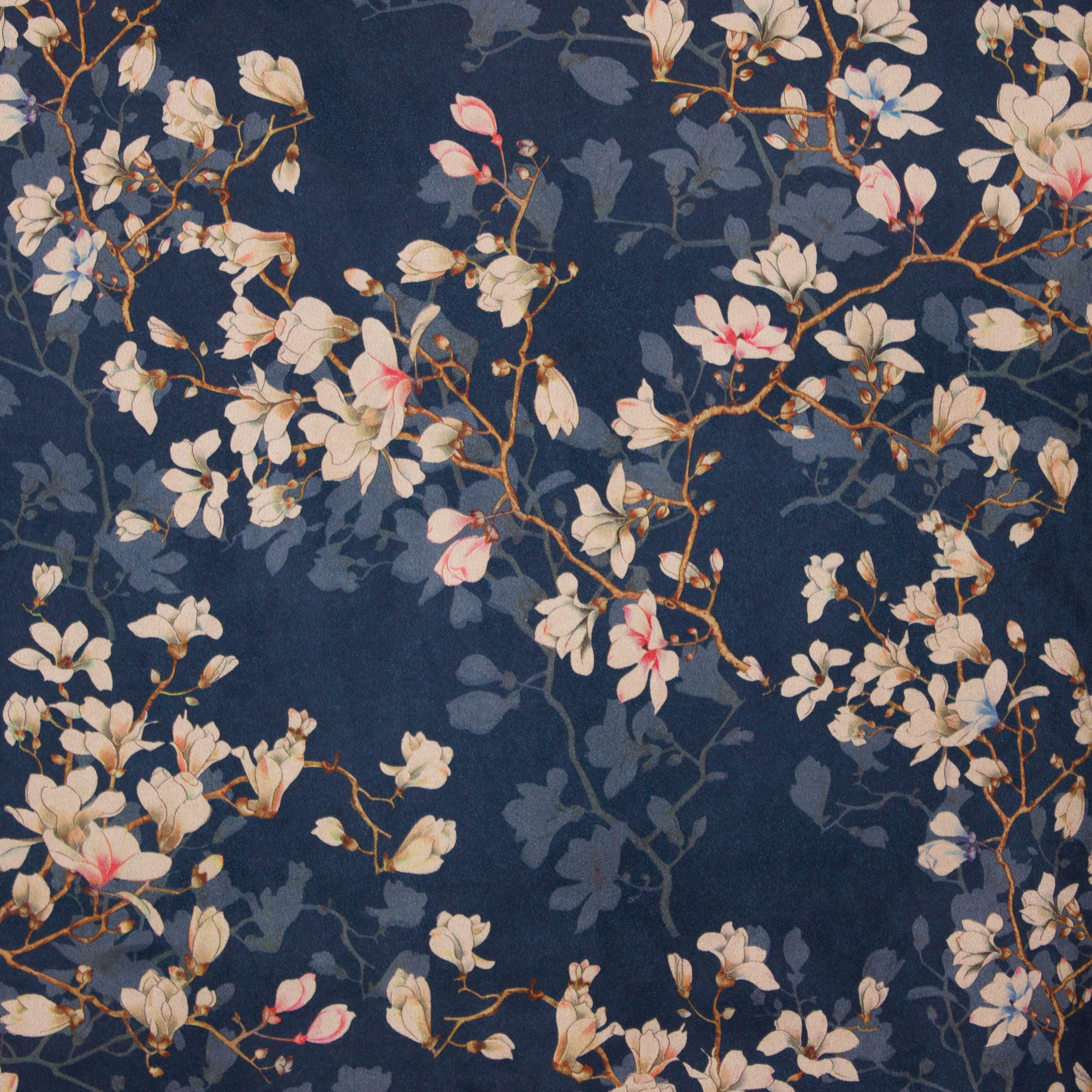 Rekbare imitatiesuede in blauw met bloemenmotief