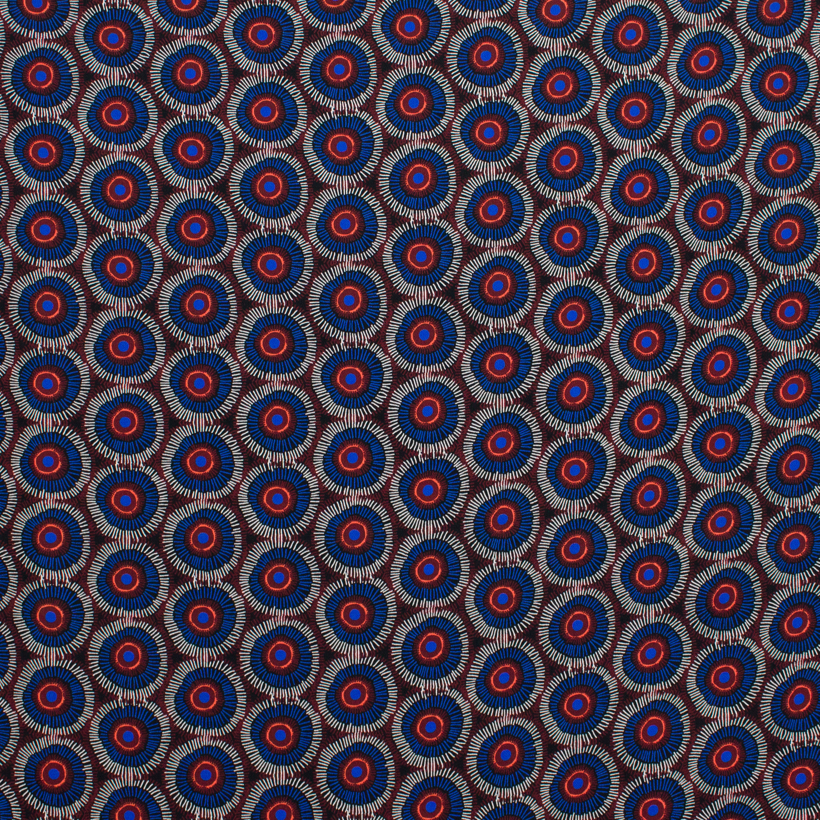 Viscose crêpe met cirkels in blauw, wit en rood