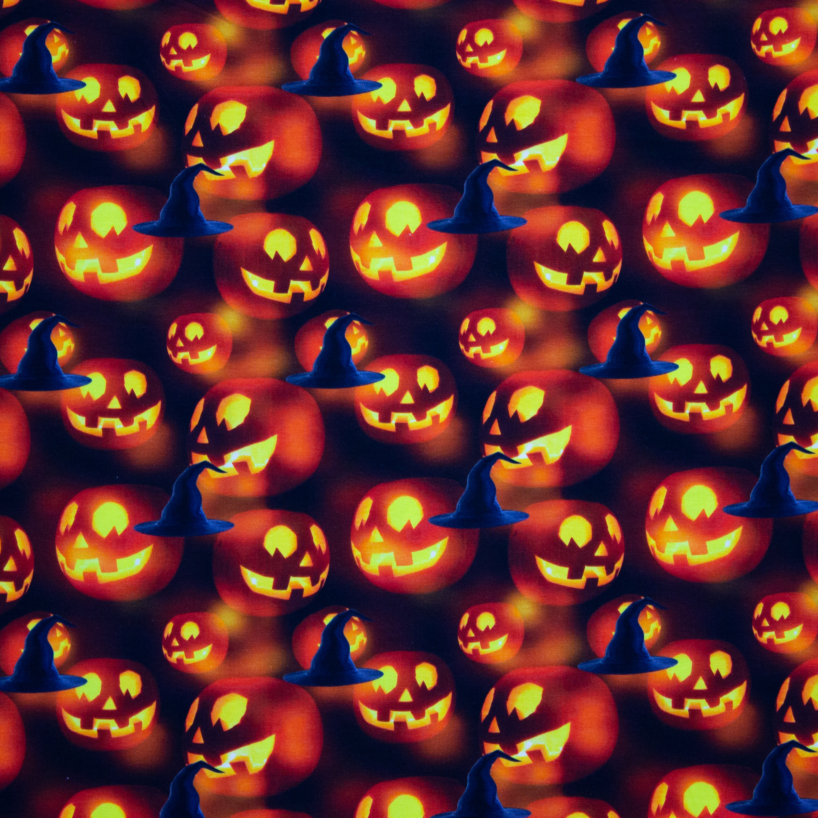 Oranje/zwarte Tricot met Halloween Pompoenen en Heksenhoeden