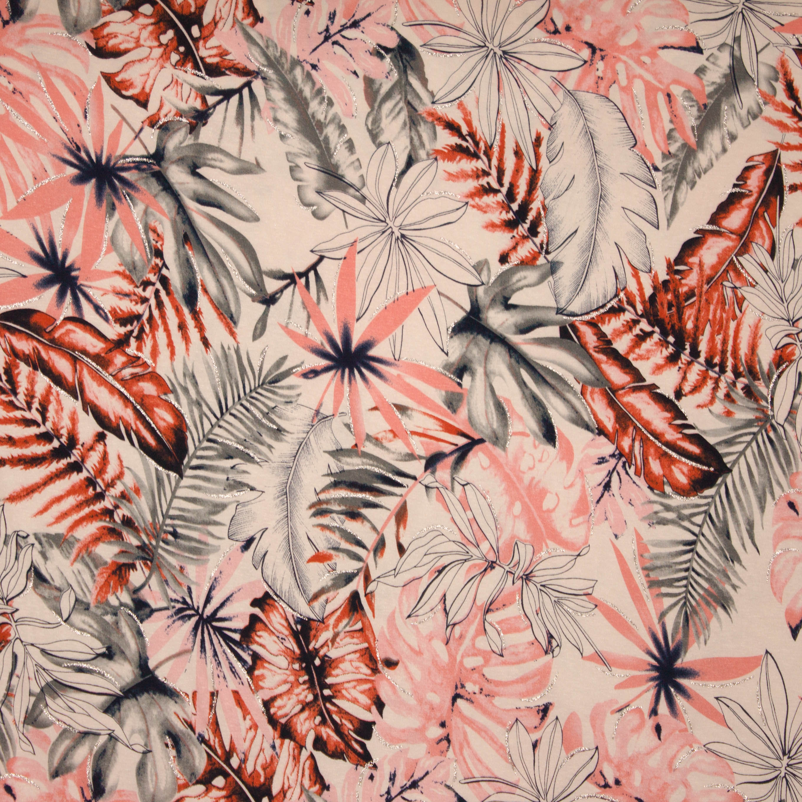 Witte viscose tricot met print van zalmroze en grijze bladeren