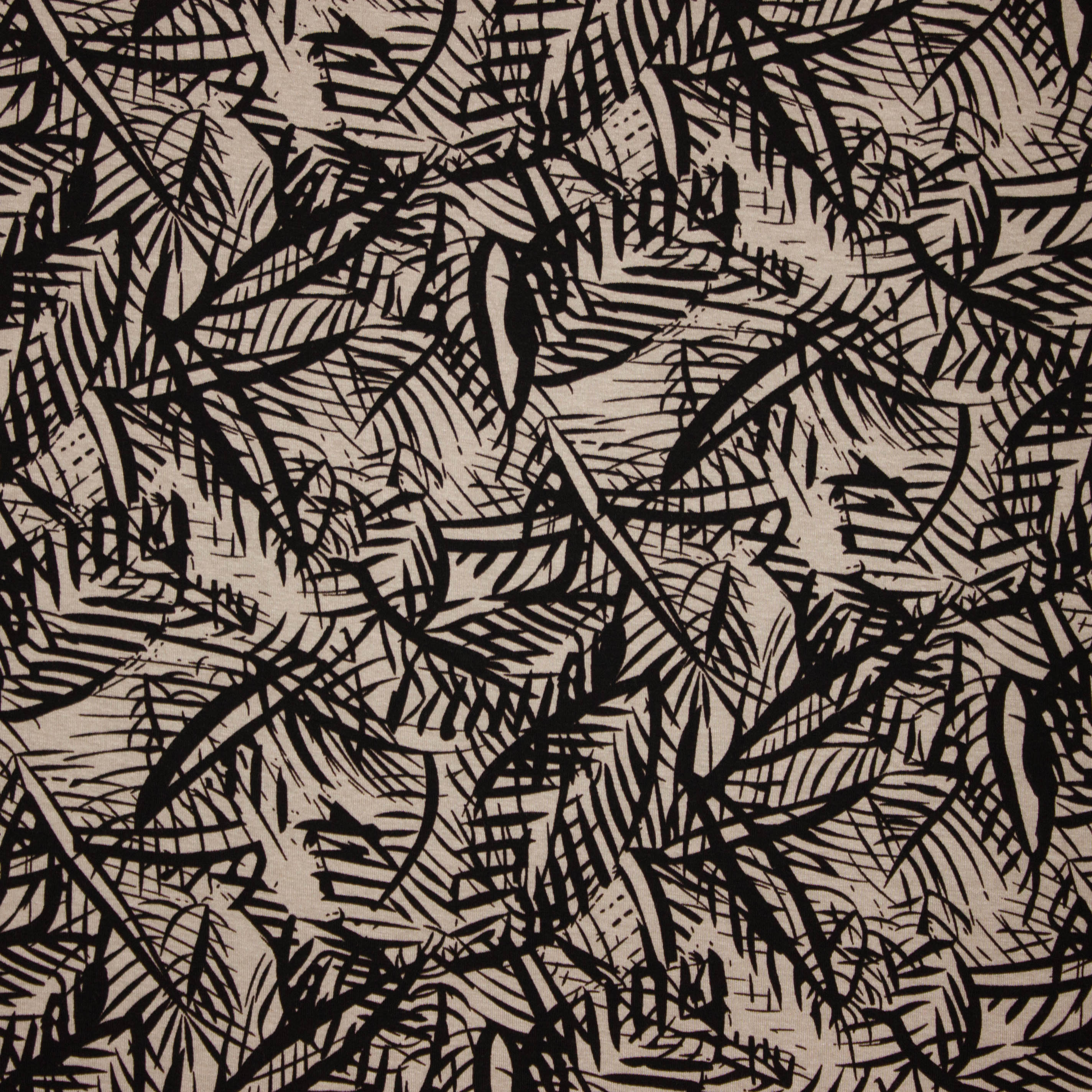 Beige viscose tricot met zwart bladmotief van My Image