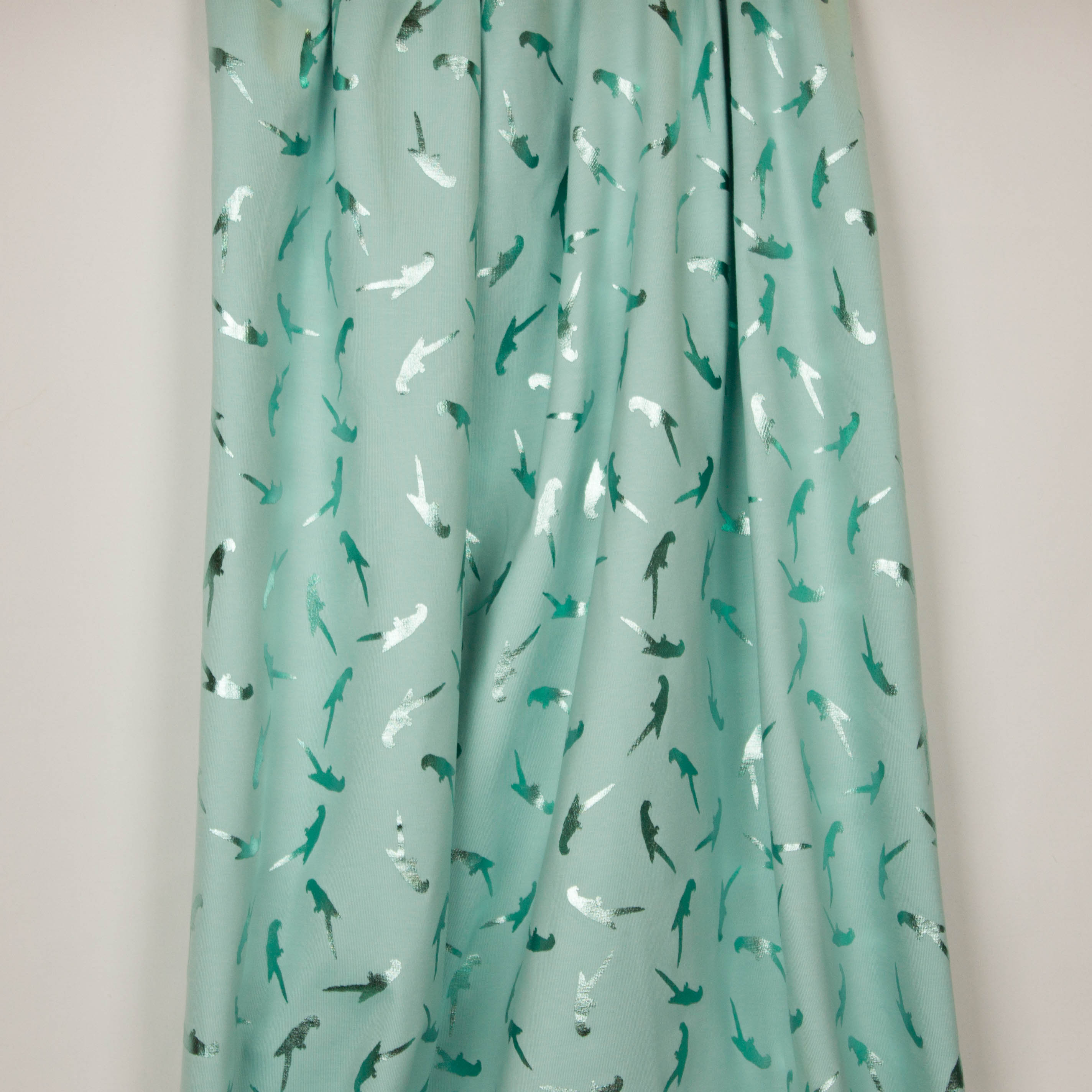 munt/lichtblauwe tricot met vogelmotief