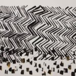 Rekbaar polyester scuba paneel met abstracte bedrukking van 'Milliblu's'