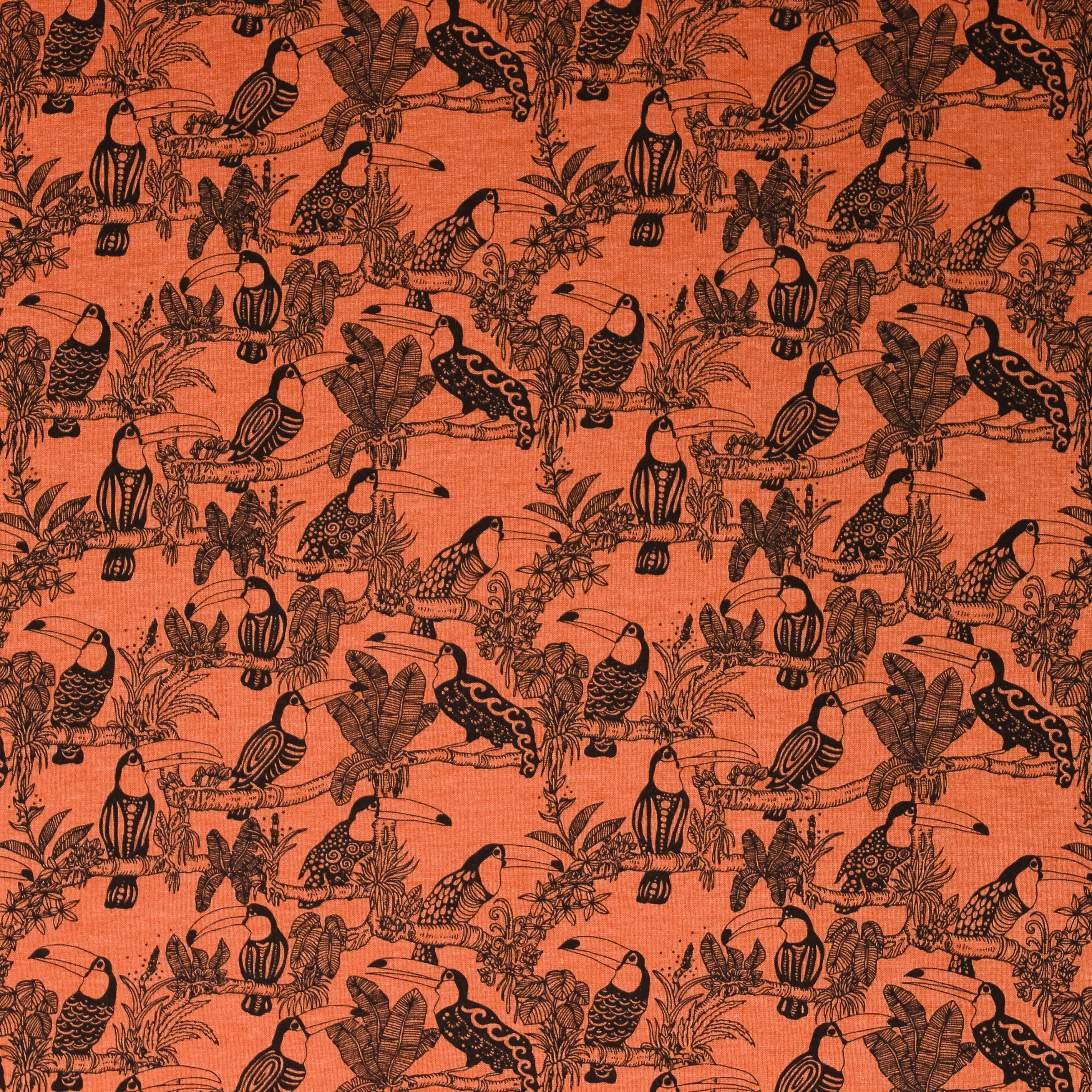 Donker oranje sweater met tropische vogels van Poppy