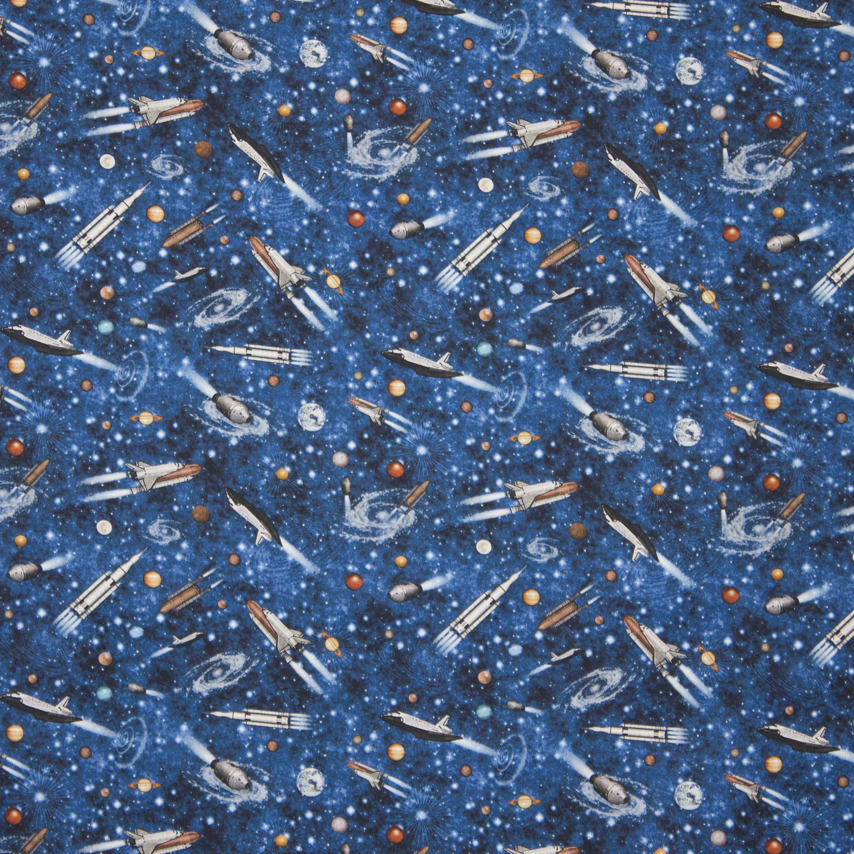 Blauwe katoen met raketten, space, ruimtevaart