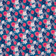 Blauwe viscose met rood bloemen motief
