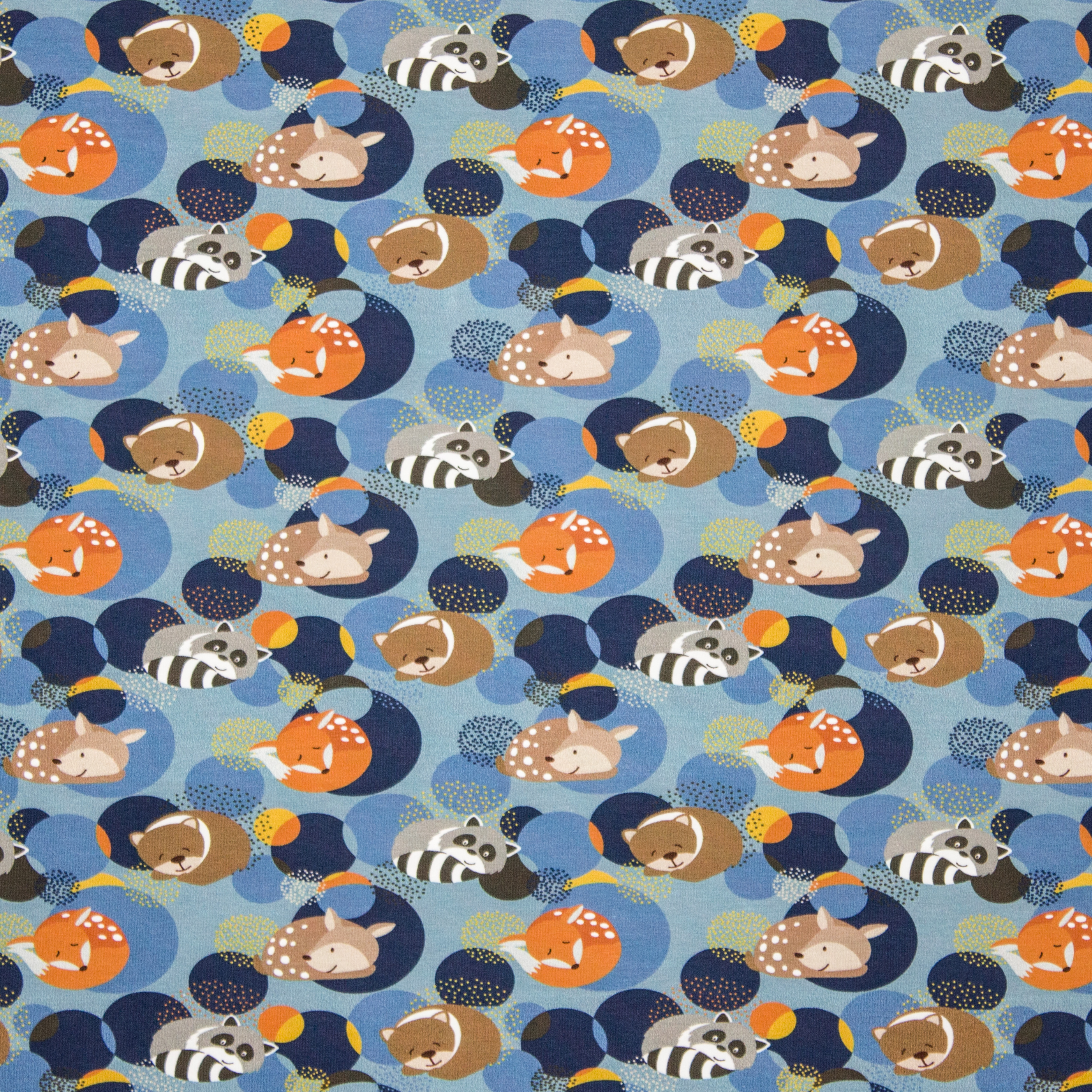 Blauwe tricot met vosjes, (was)beertjes en hertjes