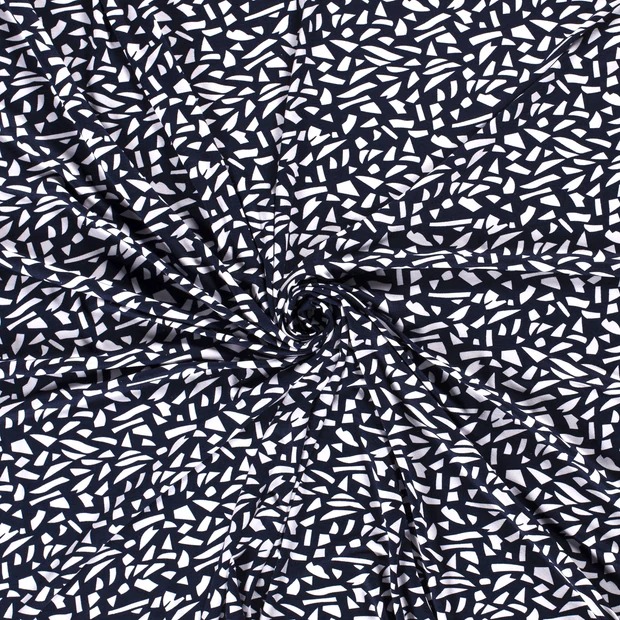 Zwarte viscose tricot met geometrisch patroon zwart-wit