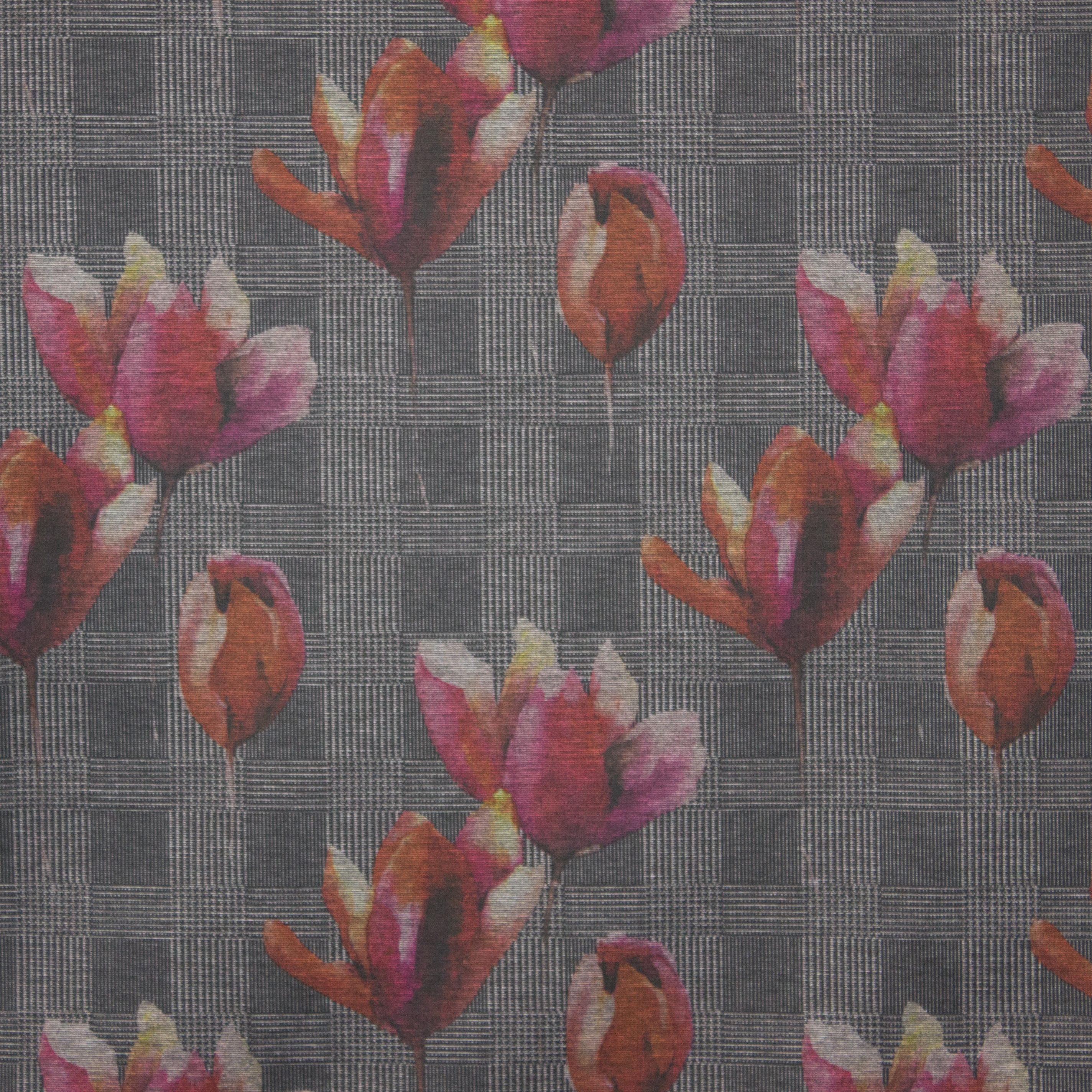Geruite polyester/ viscosetricot met tulpen van 'My Image'