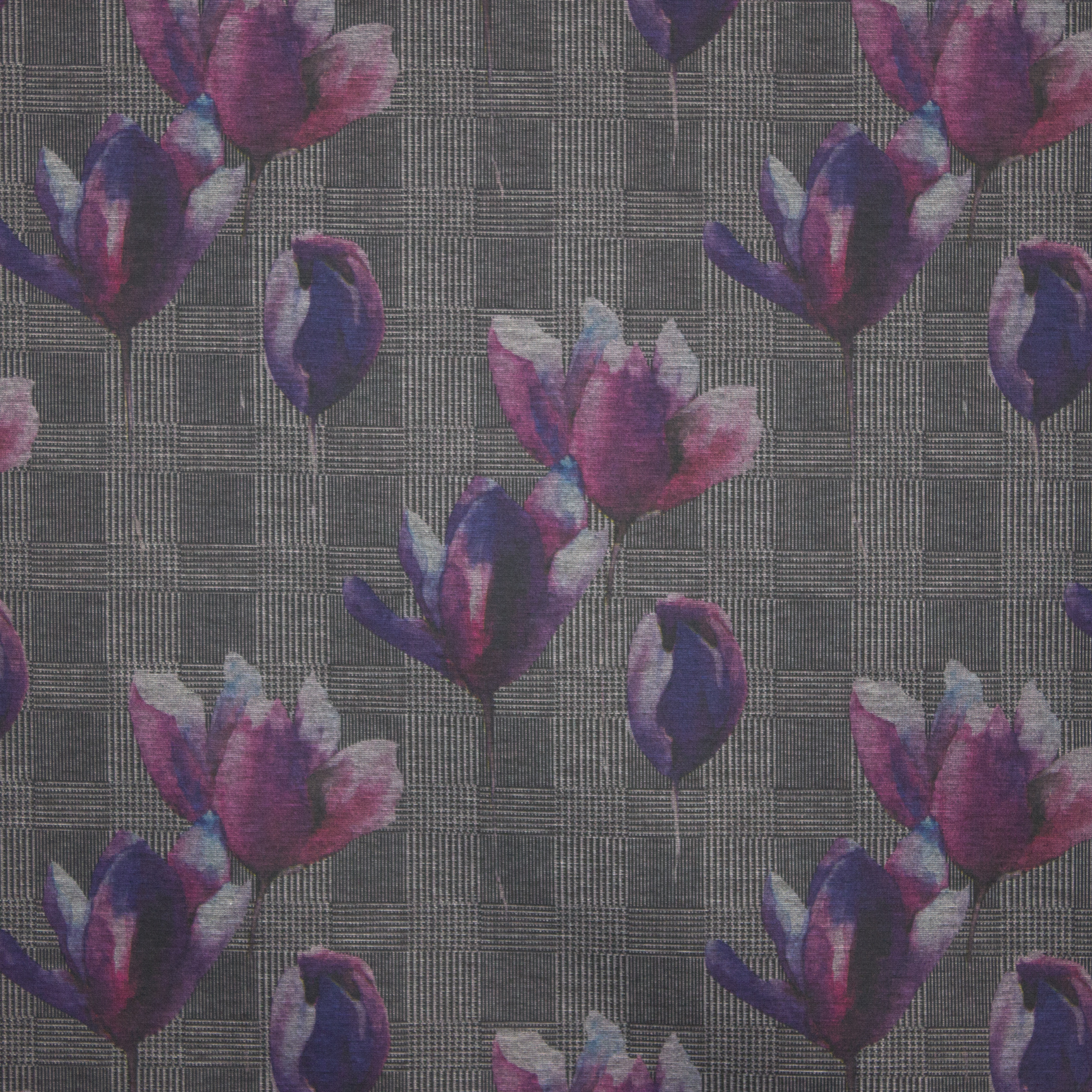 Geruite polyester/ viscosetricot met tulpen van 'My Image'