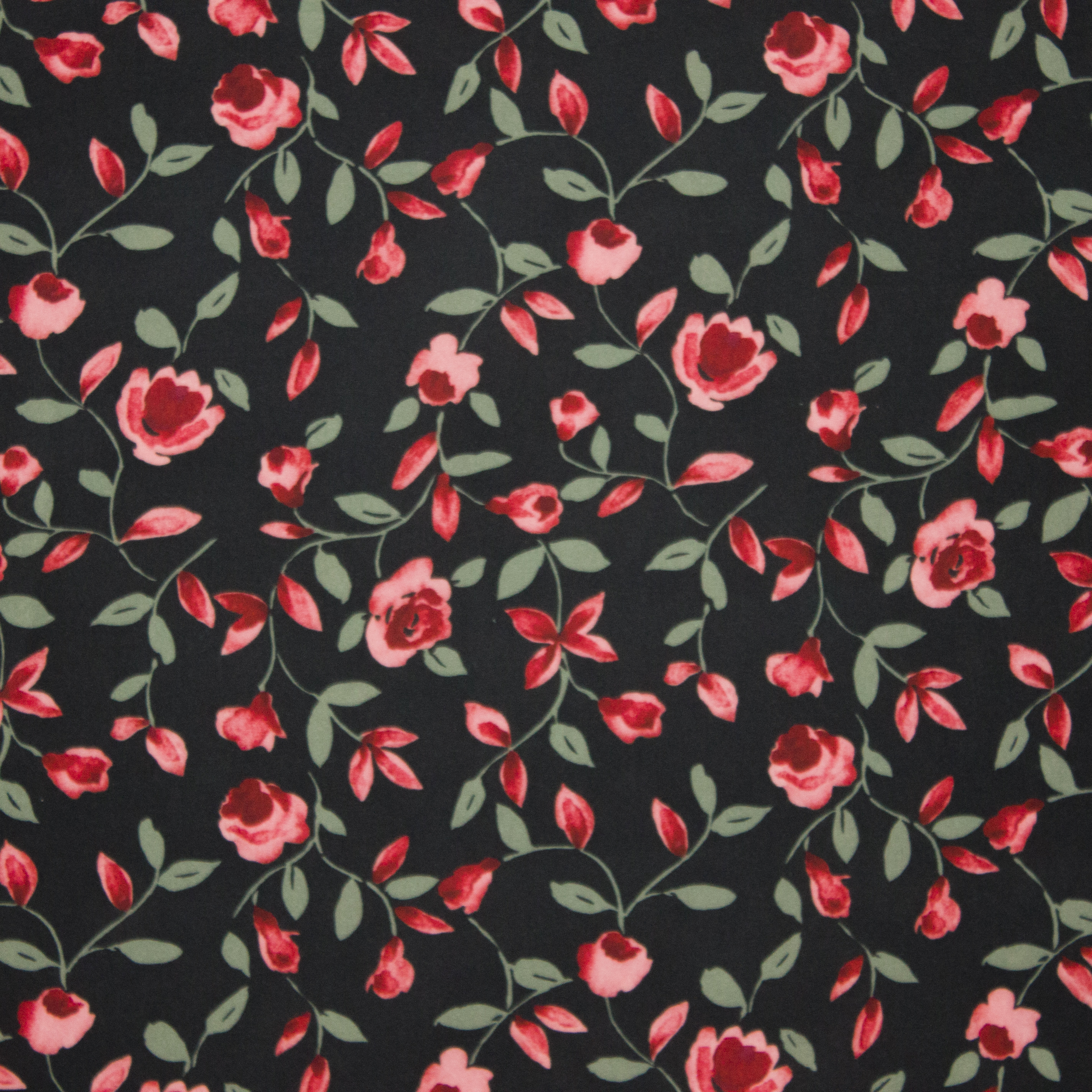 Zwarte viscose met rode bloemen